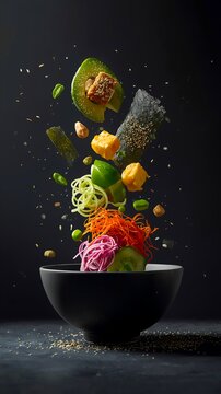 Surreal Floating Vegan Poke Bowl with Hyper-Realistic Artistic Food Styling.