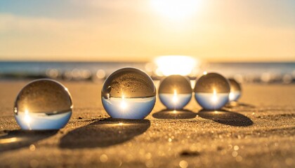 夏のイメージ　浜辺に置かれたきれいなガラス玉