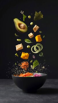 Surreal Floating Vegan Poke Bowl with Hyper-Realistic Artistic Food Styling.