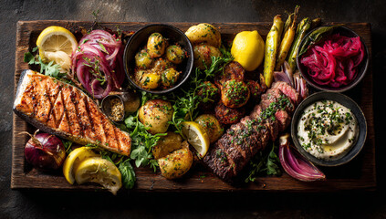 Fototapeta premium Gourmet platter featuring grilled salmon roasted vegetables and dips