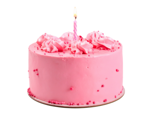 pink birthday cake with candle on transparent background