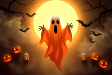 Spooky Halloween Ghost with Pumpkins and Bats
