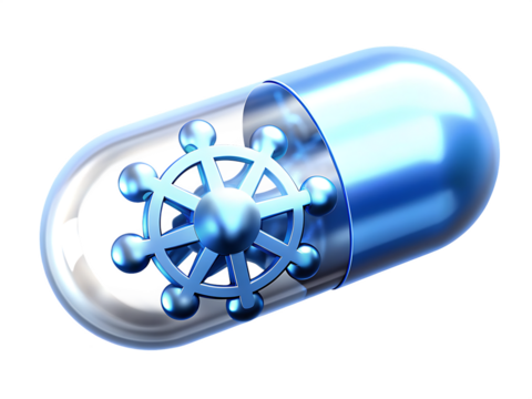 Blue metallic molecular structure resembling a wheel inside a capsule science medicine isolated on a transparent background - Powered by Adobe