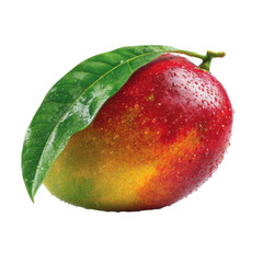 A whole mango featuring a bright green leaf, isolated on transparent background