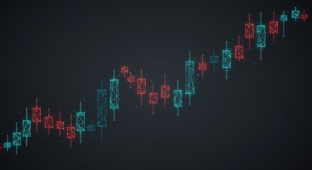 Fototapeta premium Japanese candlesticks made of dots and lines on dark gray background, symbolizing stock market and investment in low-poly 3D wireframe vector style. 
