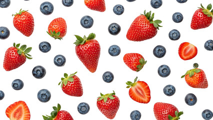 Seamless pattern of fresh strawberries and blueberries against a solid black background vibrant fruit composition perfect for culinary themes and healthy eating visuals offering a summer vibe