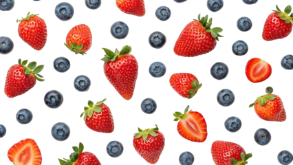 Seamless pattern of fresh strawberries and blueberries against a solid black background vibrant fruit composition perfect for culinary themes and healthy eating visuals offering a summer vibe