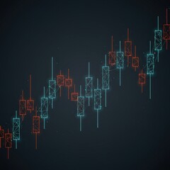 Fototapeta premium Japanese candlesticks made of dots and lines on dark gray background, symbolizing stock market and investment in low-poly 3D wireframe vector style. 