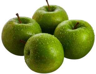 Four Fresh, Dew-Kissed Granny Smith Apples on transparent background