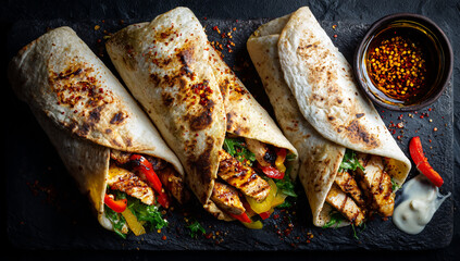 Three delicious chicken burritos with peppers and spices arranged on a dark surface