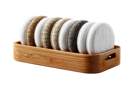 Reusable makeup remover pads in wooden box, eco-friendly beauty routine on transparent backdrop