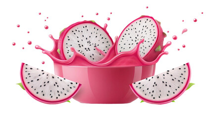 Vibrant Dragon Fruit Delight Illustration of Sliced Tropical Fruit with Refreshing Pink Splash in a Pink Bowl on Black Background