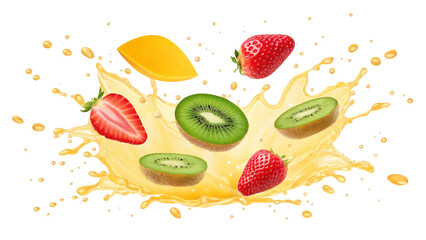 Vibrant Fruit Explosion A Symphony of Strawberries Kiwi and Mango Bursting from a Golden Splash Fresh and Invigorating for Healthy Lifestyles