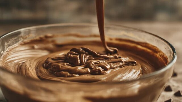 Rich, creamy chocolate mixture being stirred in a clear glass bowl, showing swirls and texture.  A spoon is partially visible, blending the decadent, smooth confection