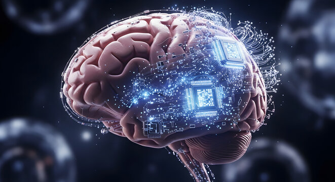 Conceptual visualization exploring the convergence of human neurology and advanced computational systems depicting the integration of microchips with a human brain augmenting intelligence and
