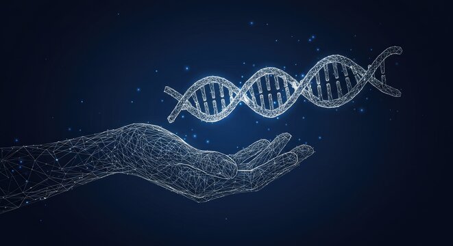 Abstract holographic DNA helix held in a digital hand on blue background, symbolizing medical and science concepts in futuristic low-poly wireframe style.
