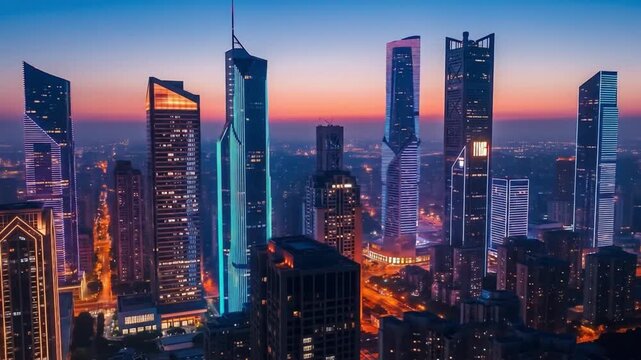 Urban panorama at dusk, featuring illuminated skyscrapers and vibrant city lights against a colorful evening sky, ideal for an immersive 8k wallpaper