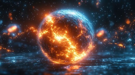 Obraz premium Glowing fiery sphere with blue electric energy fluctuations in a dark starry space environment radiating light and sparks