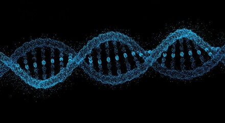 Abstract holographic DNA helix held in a digital hand on blue background, symbolizing medical and science concepts in futuristic low-poly wireframe style.
