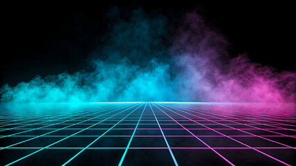 Vibrant neon grid with atmospheric smoke, perfect for futuristic backgrounds and digital design