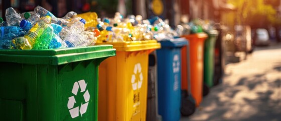 The colorful recycling bins overflowing with plastic waste on a sunny street.