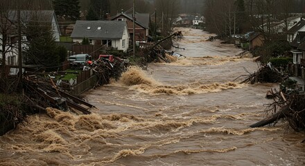 Obraz premium Homes devastated by a powerful flood with muddy water rushing through the street, showcasing the urgent need for disaster relief and community support during extreme weather events