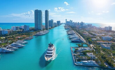 Obraz premium Aerial view of a luxury yacht cruising through a turquoise waterway lined with docks and numerous yachts, high-rise buildings, sunny sky, and calm ocean in a coastal city