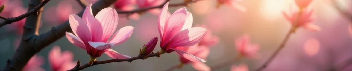 Delicate pink blossoms adorn a Chinese Magnolia tree, spring sunlight , magnolia tree, outside, tree