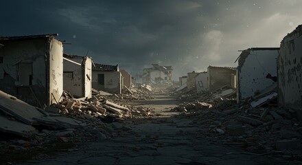 Powerful scene of devastation and destruction in a war torn town, portraying resilience and recovery after a disaster, ideal for documentaries and news coverage, use for global awareness