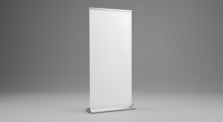 Blank White Roll Up Banner Stand Displayed on a Gray Background advertising promotion
