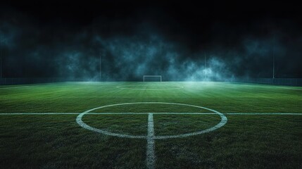 Empty soccer field at night with illuminated green grass and stadium fog creating mysterious atmosphere