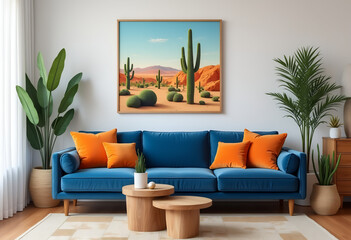 Fototapeta premium Mid-century modern living room design. Blue velvet sofa with orange pillows. Desert landscape artwork. Round wooden coffee table. Interior decor with potted plants. Cozy home furniture.