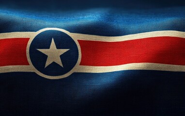 Close-up of woven fabric featuring a blue background with a central white star inside a blue circle, bordered by a horizontal red stripe with white edges, softly rippling in light