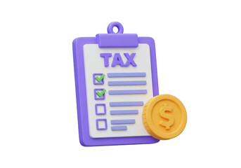 3d illustration of a tax form on a clipboard with a checkmark and a gold coin, representing financial obligations and payment, isolated on transparent background