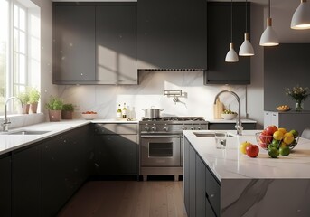 Fototapeta premium A modern kitchen with gray cabinets and white counters