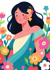 cute beautiful woman with flowers Illustrator Artwork design template poster