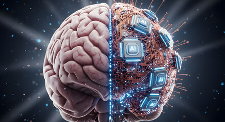 Human brain meets artificial intelligence, illustrating the convergence of organic and synthetic cognition, driving innovation in neural networks and future technology advancement concepts