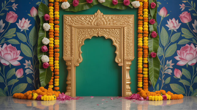 Luxurious Temple-Style Golden Arch Floral Backdrop with Lotus Carvings, Marigold Garlands, Rose Petals, and Divine Motif Mural in Ceremonial Lighting
