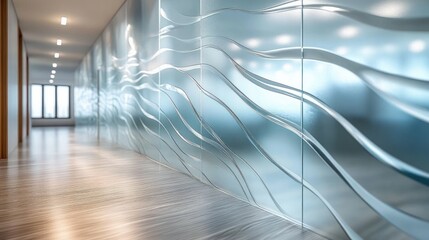 Modern office corridor with frosted glass partitions featuring abstract wave patterns and wooden flooring illuminated by recessed ceiling lights