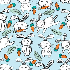 Seamless pattern with cute rabbits and carrots. Vector illustration.