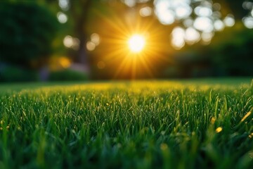 Naklejka premium Close-up of fresh green grass with the warm sun shining brightly in the background creating a peaceful and calm atmosphere