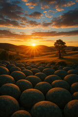 Obraz premium Golden sunset over rolling hills and a field of round objects golden hour landscape