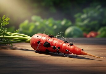 A fresh carrot with dirt on a wooden surface outside