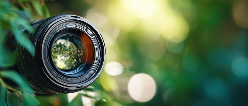 The elegant camera lens framed by lush green foliage in nature. - Powered by Adobe