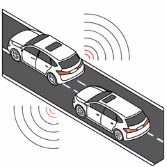 Isometric Illustration of Two Cars with Sensors Detecting Distance on a Road