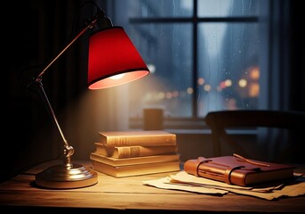 Obraz premium A desk lamp illuminates books and a leather journal