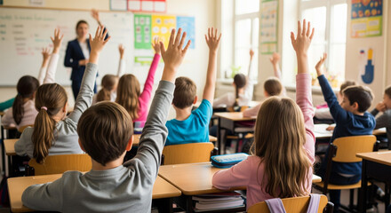 Children raise their hand in a classroom during a class