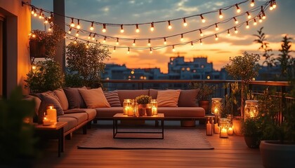 Cozy rooftop terrace with comfortable seating, warm string lights and candles glowing at sunset with cityscape in the background