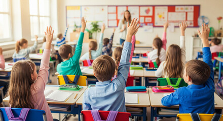 Children raise their hand in a classroom during a class