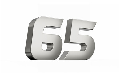 3d Silver number 65 Sixty five sleek metallic look isolated on white background, 3d illustration